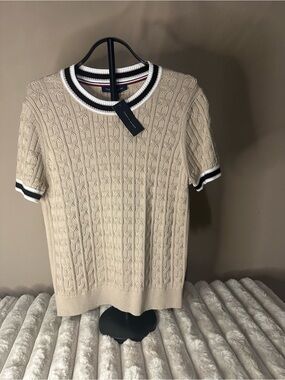 Tommy Hilfiger Beige Cable-Knit Short Sleeve Sweater with Contrast Trim